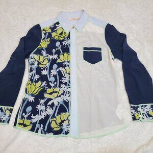 Tory Burch Navy Blue‎ Ivory Floral Colorblock Silk Button Collar Blouse Women 8